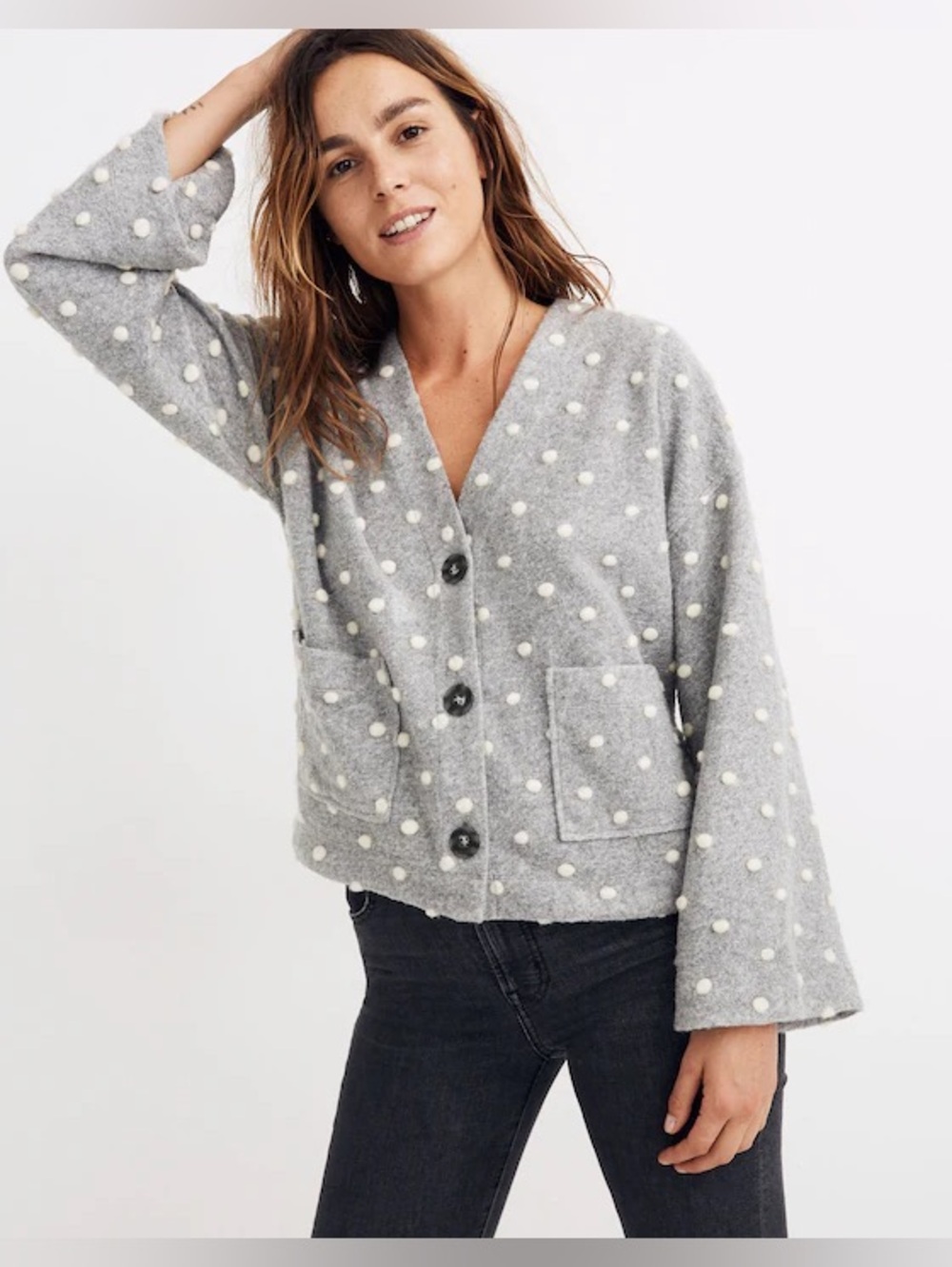 Madewell Gray Polka Dot Texture & Thread Boxy‎ Bobble Cardigan